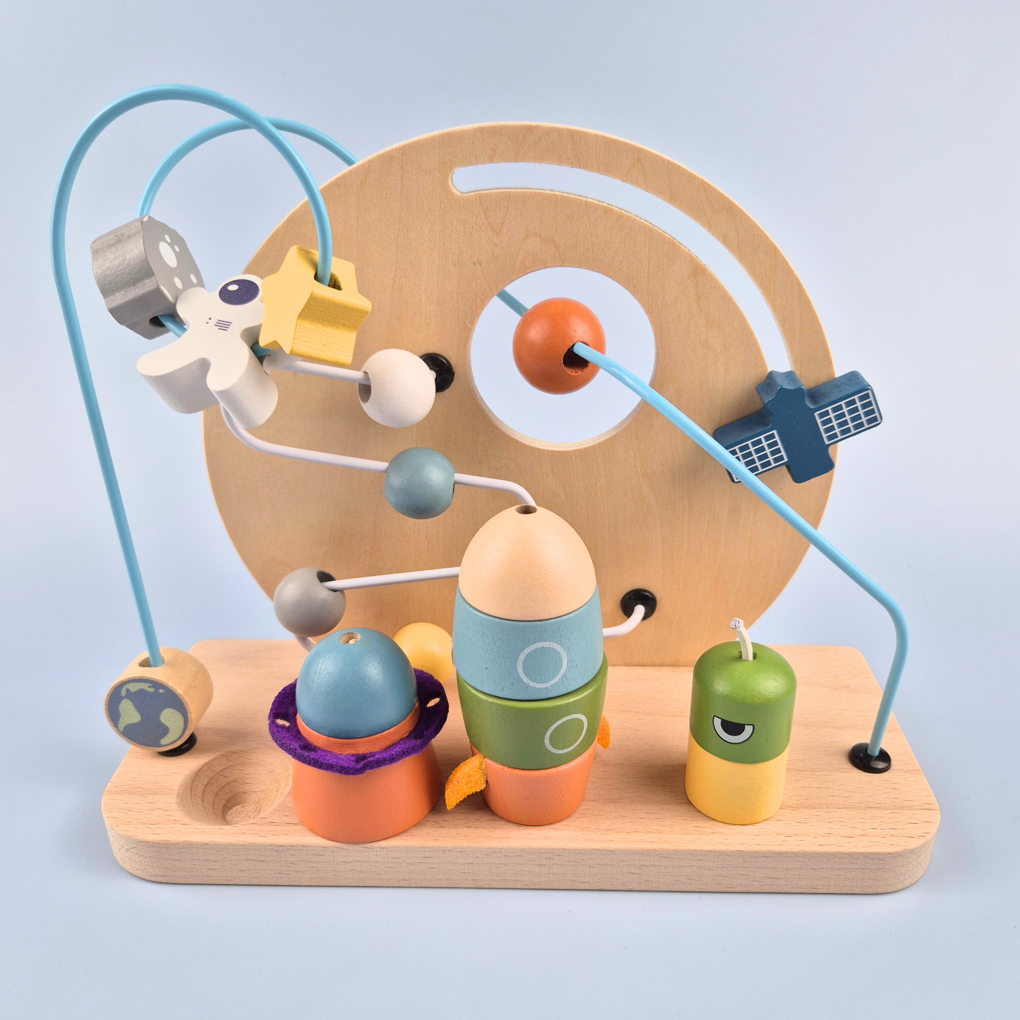 Wooden Space Planet Bead sorting set with stacking rocket
